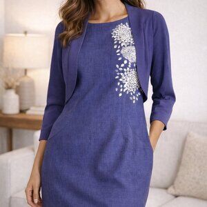 Jacques Vert dress/knit shrug set, lilac, ivory embroidery, lined, sheath, EUC